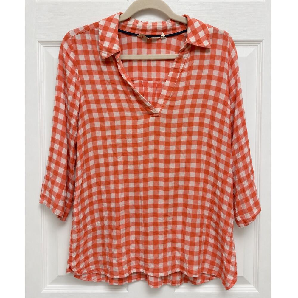 Soft Surroundings Orange Gingham Plaid Top Blouse Size L 100% Rayon